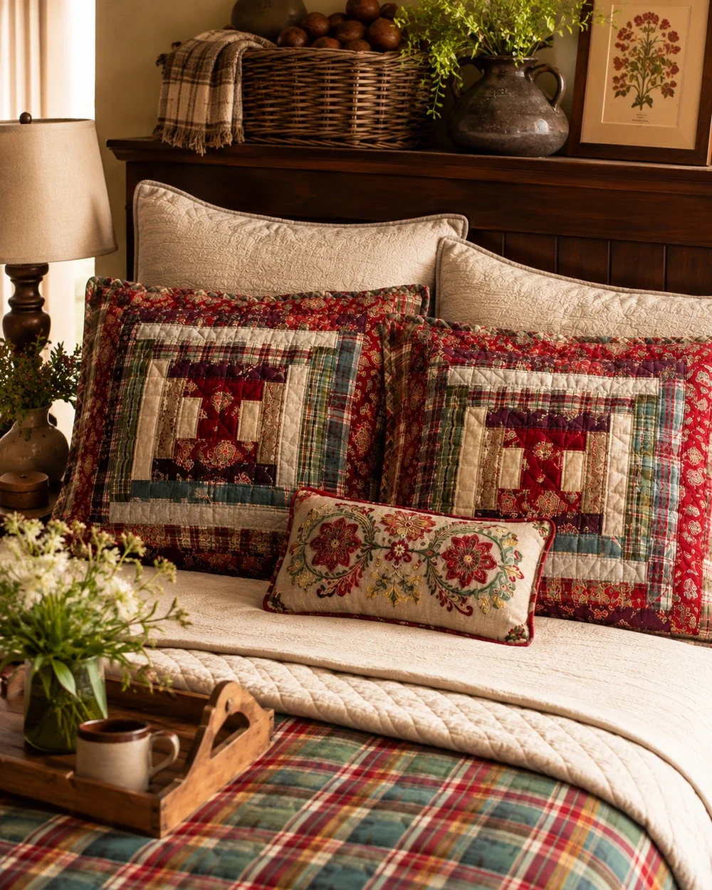 Lot 2 x Pottery Barn Log Cabin Patchwork Euro Shams Red Paisley Plaid Cotton